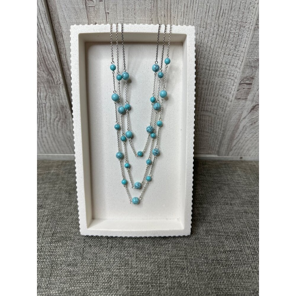 Layered Turquoise Bead Necklace w/ Silver Chain Adjustable Length Women Fashion